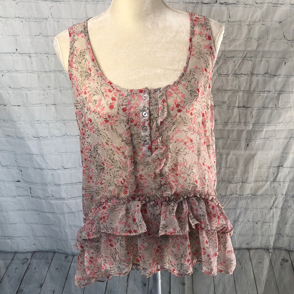 Fun & Flirt Gray Sleeveless Shear Floral Print Tried Ruffled Hem Blouse Large